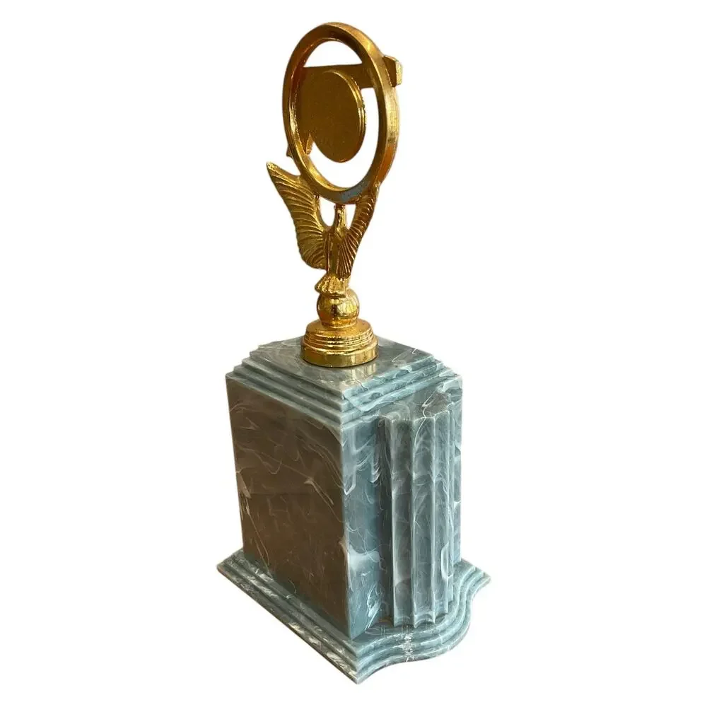 Vintage Blue Swirl‎ Shooting Trophy with Pistol and Target Gold Topper